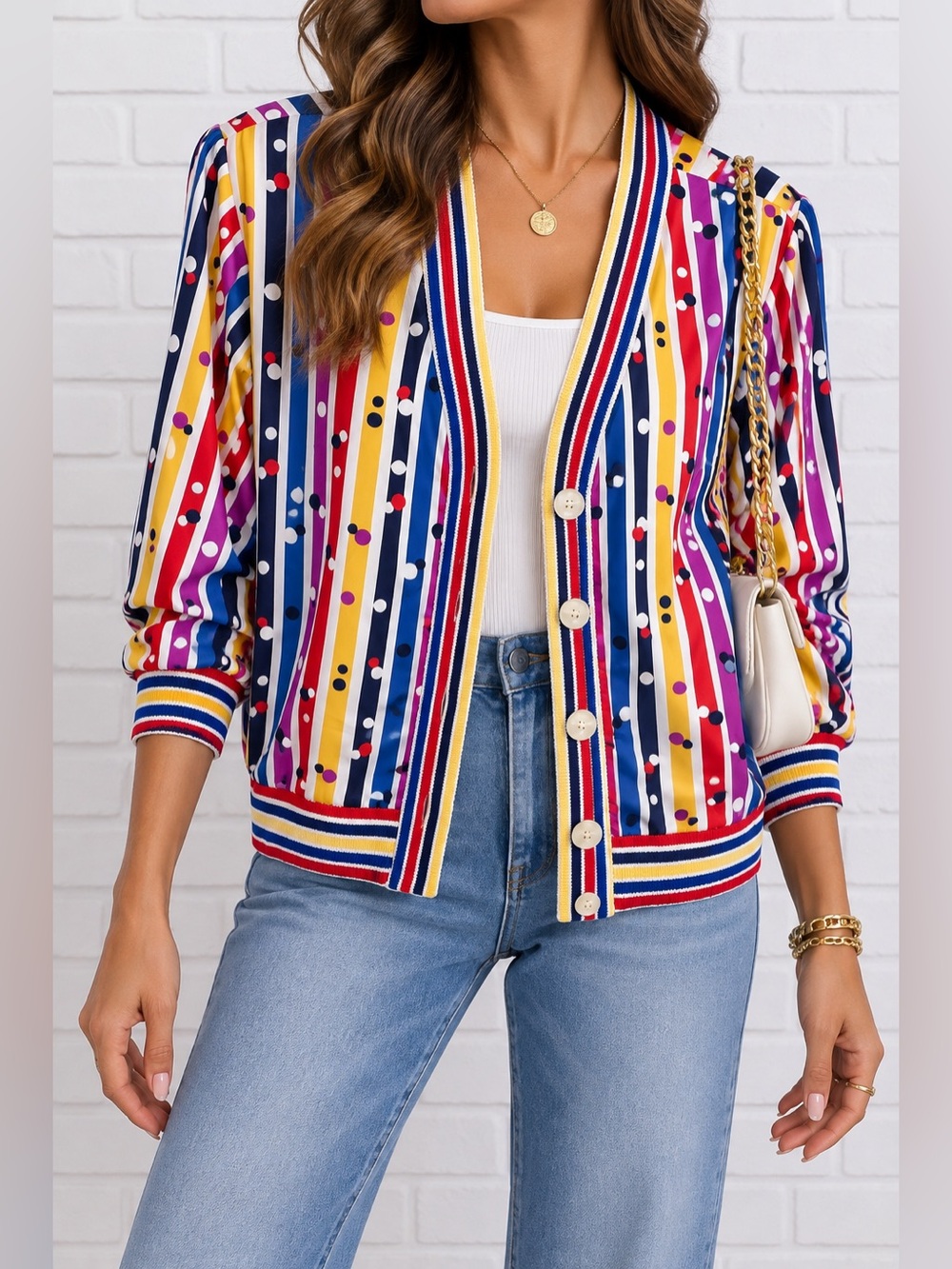Vintage 80s 90s Dopamine Striped Polka Dot Bomber Jacket